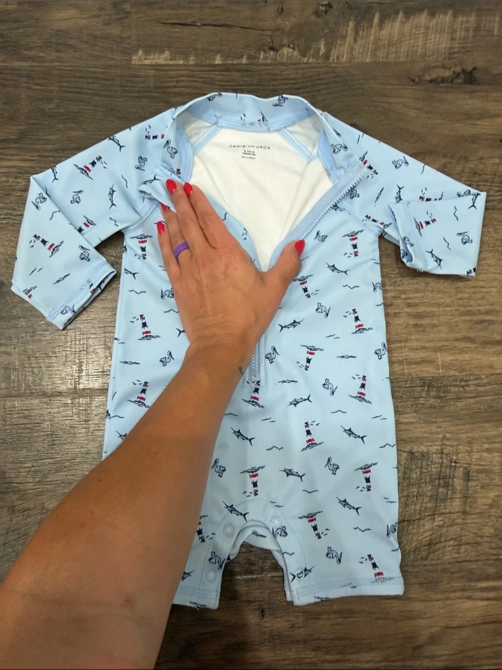 Janie and Jack Light Blue Nautical Zip-Front Rashguard One-Piece 6-12M